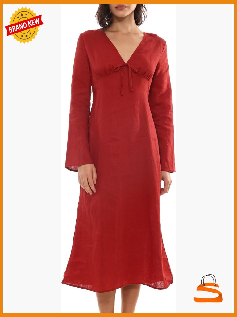 100% Linen Midi Dress Long Sleeve V Neck With Tie Belt